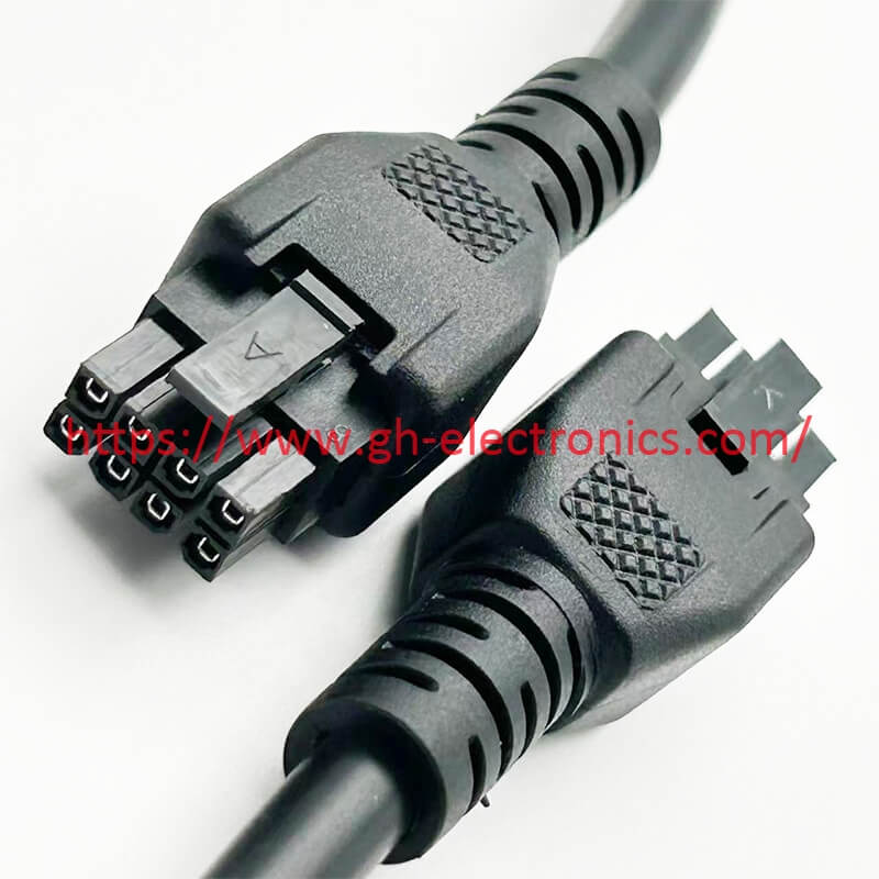 Molex 3.0mm 2x4P Overmolded Terminal Extension Cable Black Molex Micro-Fit 3.0 2x4P overmolded terminal cable, full view