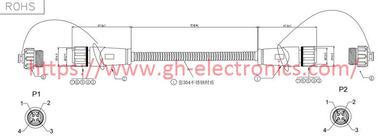 M12 4Pin Male to Female Extension Cable Drawing