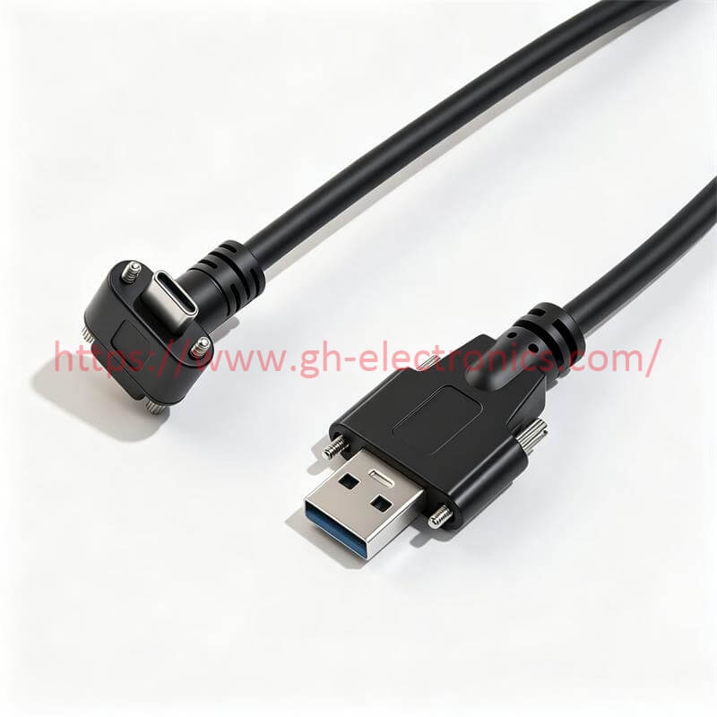 90 degree locking USB C industrial cable assembly panel mount USB wiring harness