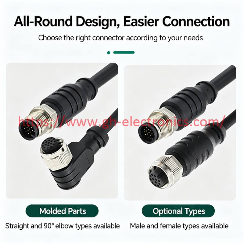 straight and 90 degree elbow molded M12 industrial wiring harness male female cable options