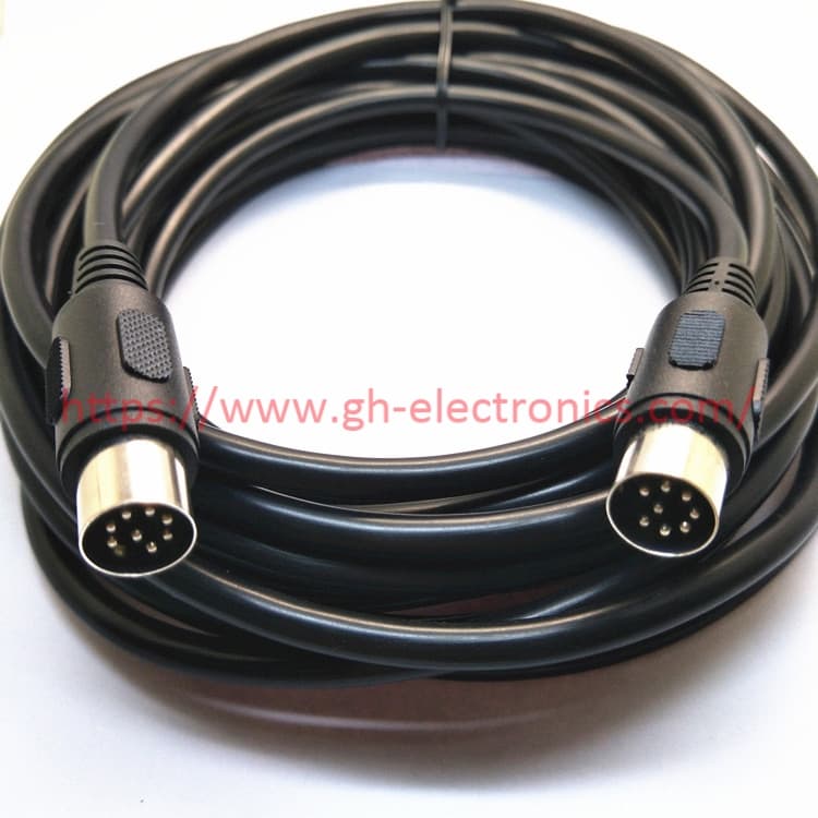8 pin large DIN male to male cable close‑up, 8‑core MIDI signal cord for electronic musical instrument pedal 8 pin large DIN male to male cable close‑up, 8‑core MIDI signal cord for electronic musical instrument pedal