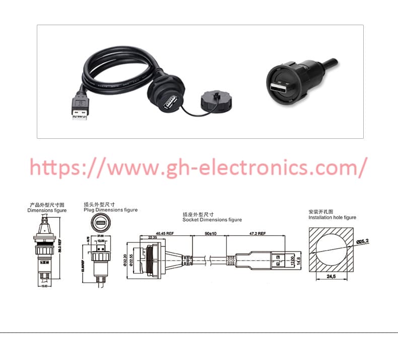 Waterproof USB bulkhead connector dimension drawing and installation schematic Waterproof USB bulkhead connector dimension drawing and installation schematic