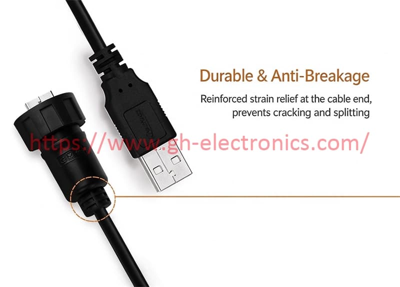 Reinforced strain relief anti-break USB waterproof cable close-up Reinforced strain relief anti-break USB waterproof cable close-up