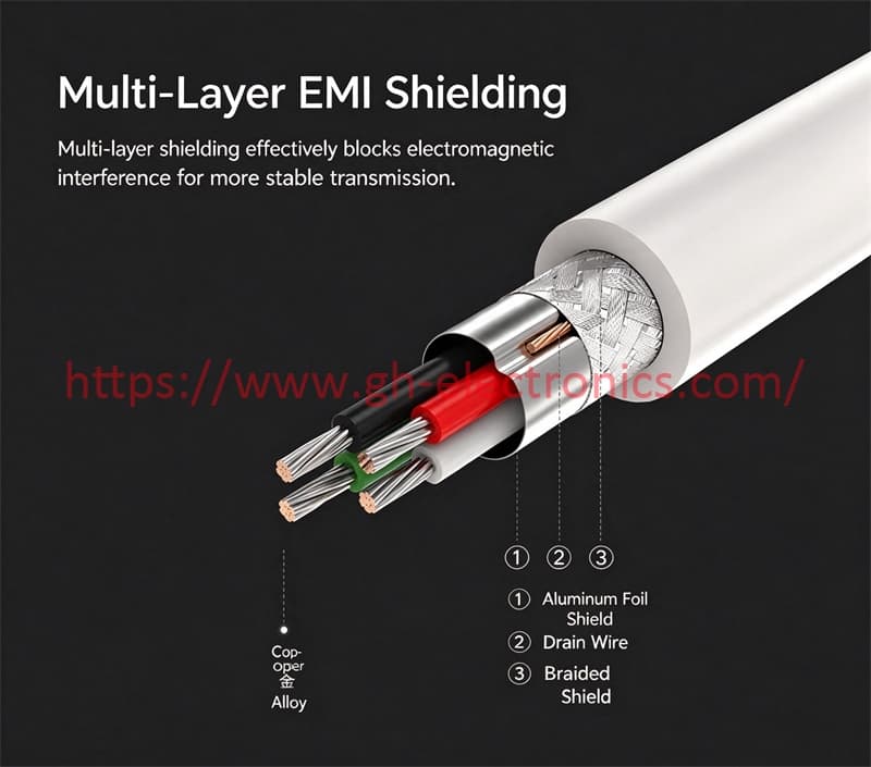 Multi-layer EMI shielding waterproof USB cable internal structure copper alloy conductor