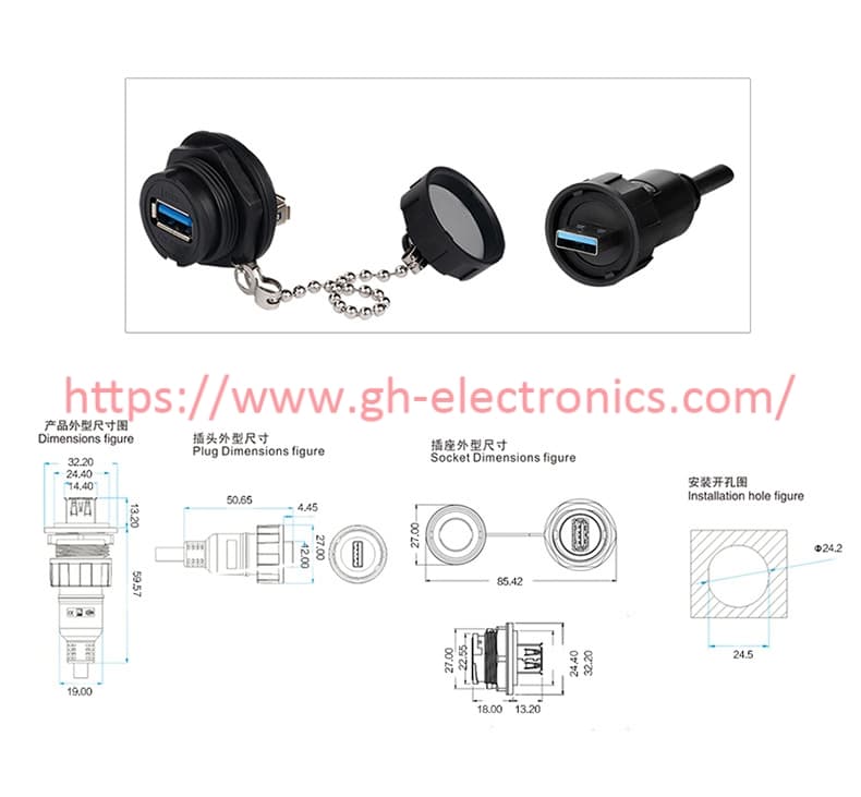 USB3.0 bulkhead aviation connector dimension drawing and panel cutout schematic