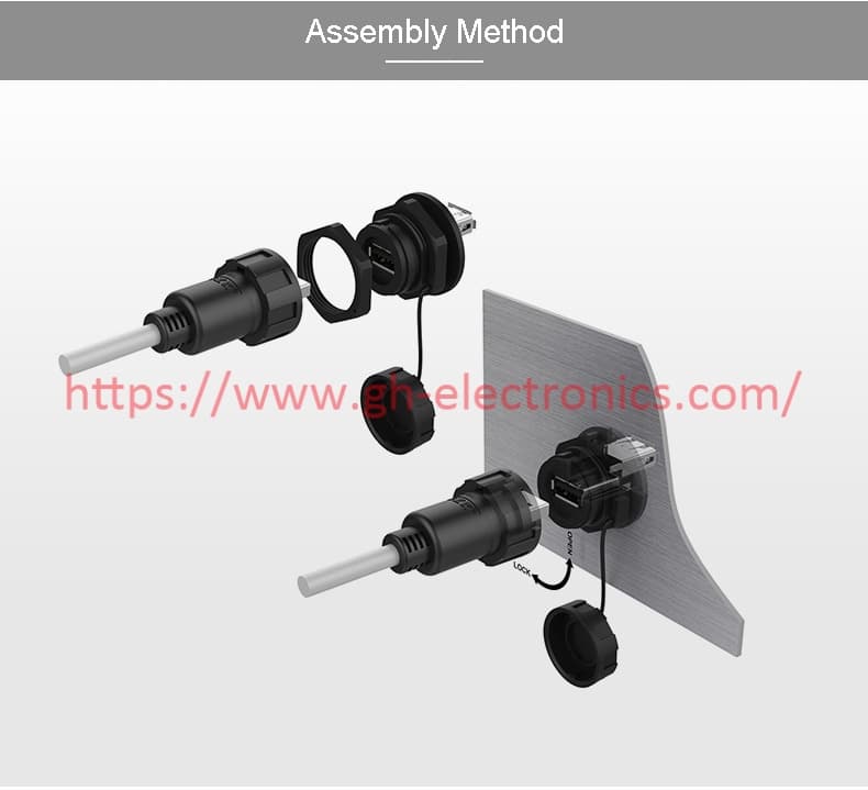 Panel mount USB waterproof connector assembly installation diagram for equipment housing